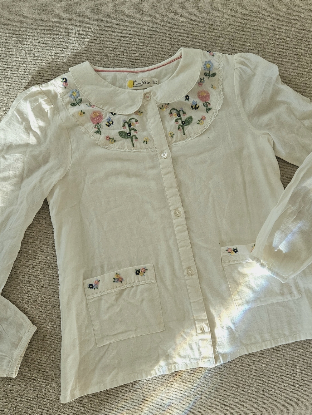 Mini BODEN White Embroidered Peter Pan Collar Shirt